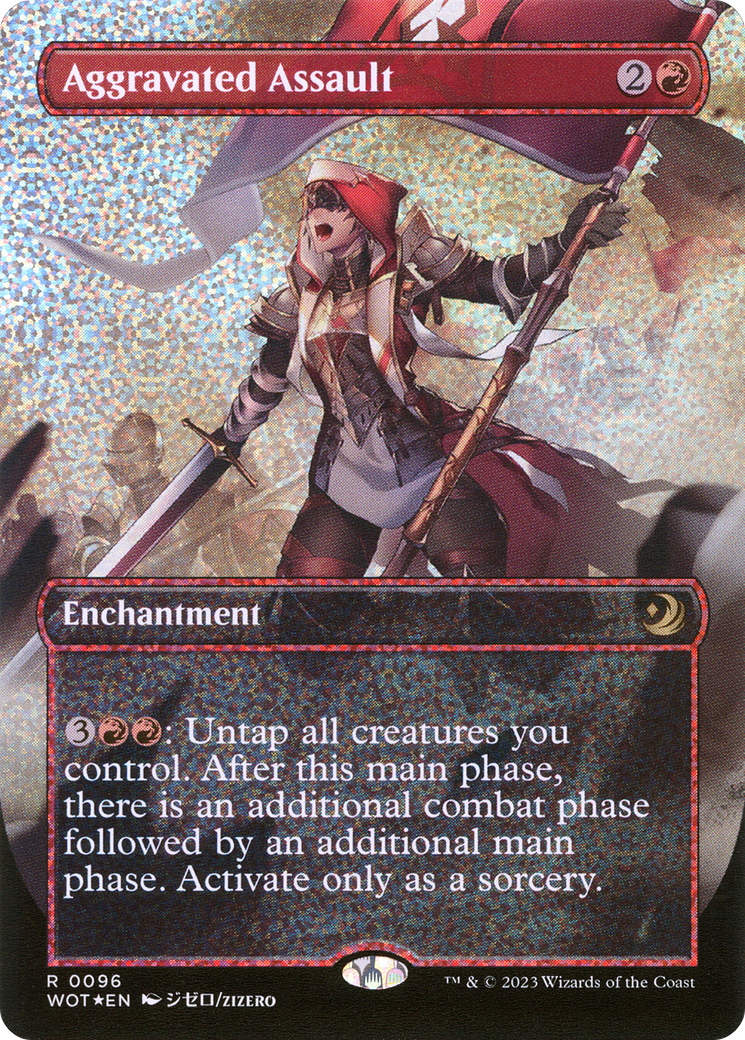 Aggravated Assault (Anime Borderless) (Confetti Foil) (WOT-096) - Wilds of Eldraine: Enchanting Tales (Borderless) Foil