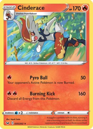 Cinderace (035) 035/202 - Reverse Holofoil SWSH01 Sword & Shield Base Set - Holo Rare