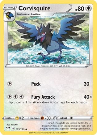 Corvisquire 155/189 - Reverse Holofoil SWSH03 Darkness Ablaze - Uncommon