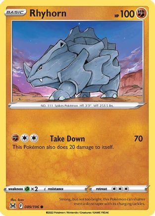 Rhyhorn 089/196 - Reverse Holofoil SWSH11 Lost Origin - Common