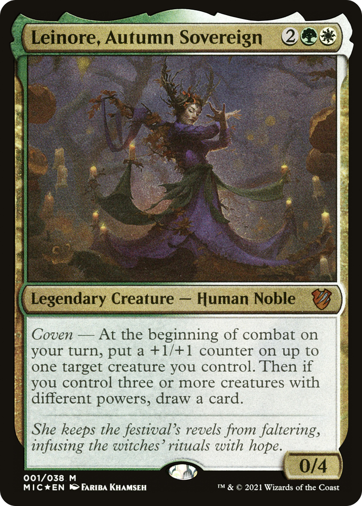 Leinore, Autumn Sovereign (Display Commander) - Thick Stock (MIC-001) - Midnight Hunt Commander Display Commanders Etched Foil
