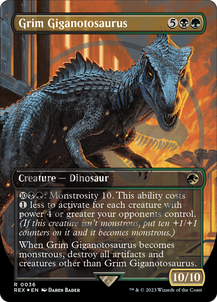 Grim Giganotosaurus (Borderless) (Emblem) (REX-036) - Jurassic World Collection (Borderless) Foil