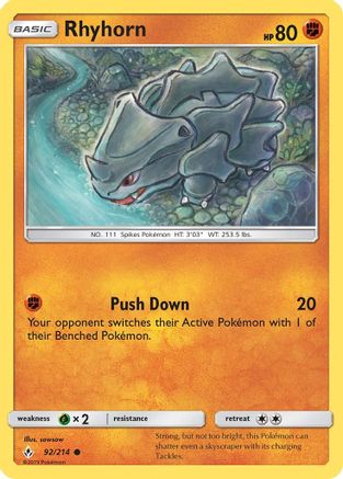 Rhyhorn (92) 092/214  - Reverse Holofoil SM  Unbroken Bonds - Common