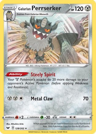 Galarian Perrserker 128/202  - Reverse Holofoil SWSH01 Sword & Shield Base Set - Holo Rare
