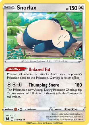 Snorlax 143/196  - Reverse Holofoil SWSH11 Lost Origin - Holo Rare