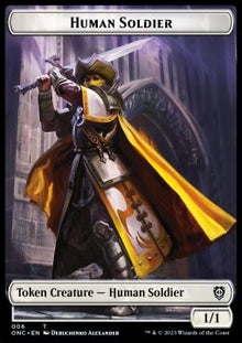 Human Soldier Token (W 1/1) // Elephant Token (G 3/3)⁣ - Commander: Phyrexia: All Will Be One: Extras⁣ (Token)⁣ [T 6/14]
