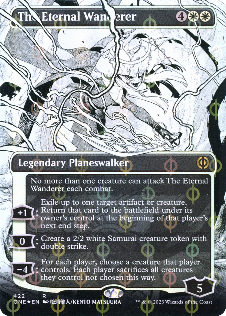The Eternal Wanderer (Borderless) (Step-and-Compleat Foil) (ONE-422) - Phyrexia: All Will Be One: (Showcase) (Borderless) Foil
