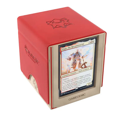 Red card storage box with a card featuring 'Ogre, the Reconstructor' from 'Magic: The Gathering' on a white background.