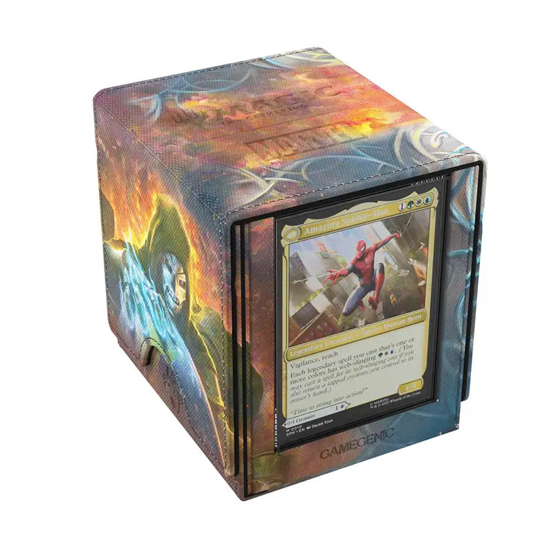 A Gamegenic card box featuring Marvel comic art with Spider-Man on the front.