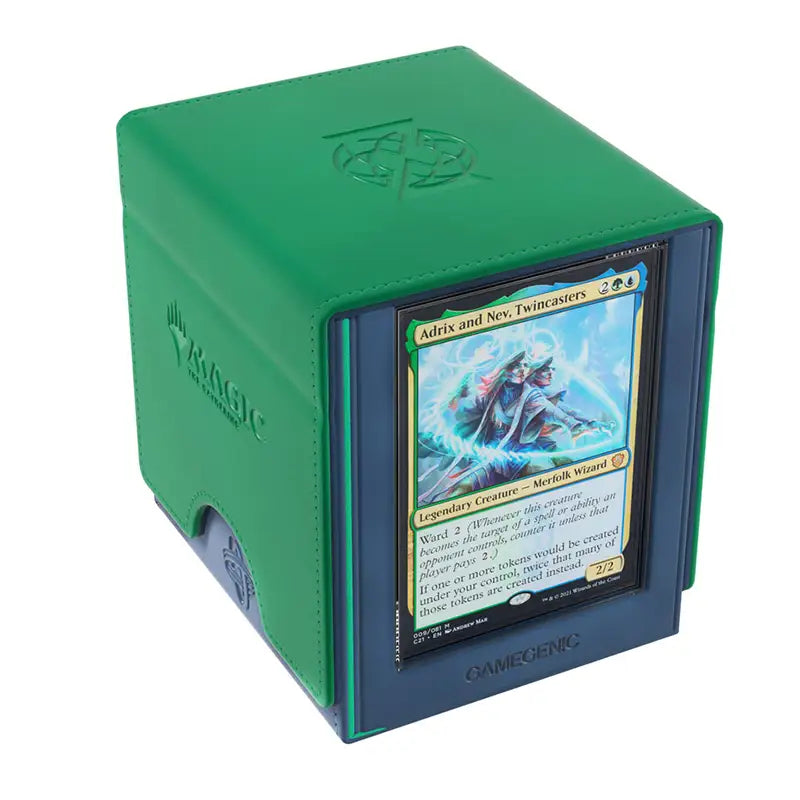 Green card storage box with a card featuring 'Merfolk Wizard' displayed on a white background