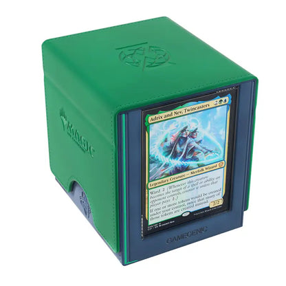 Green card storage box with a card featuring 'Merfolk Wizard' displayed on a white background