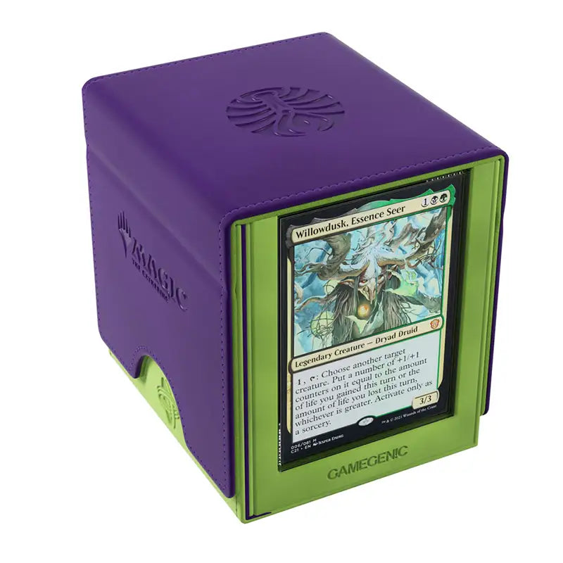Purple and green card holder with a card inside displaying 'Willowdusk, Essence Seer' by Gamegenic on a white background.