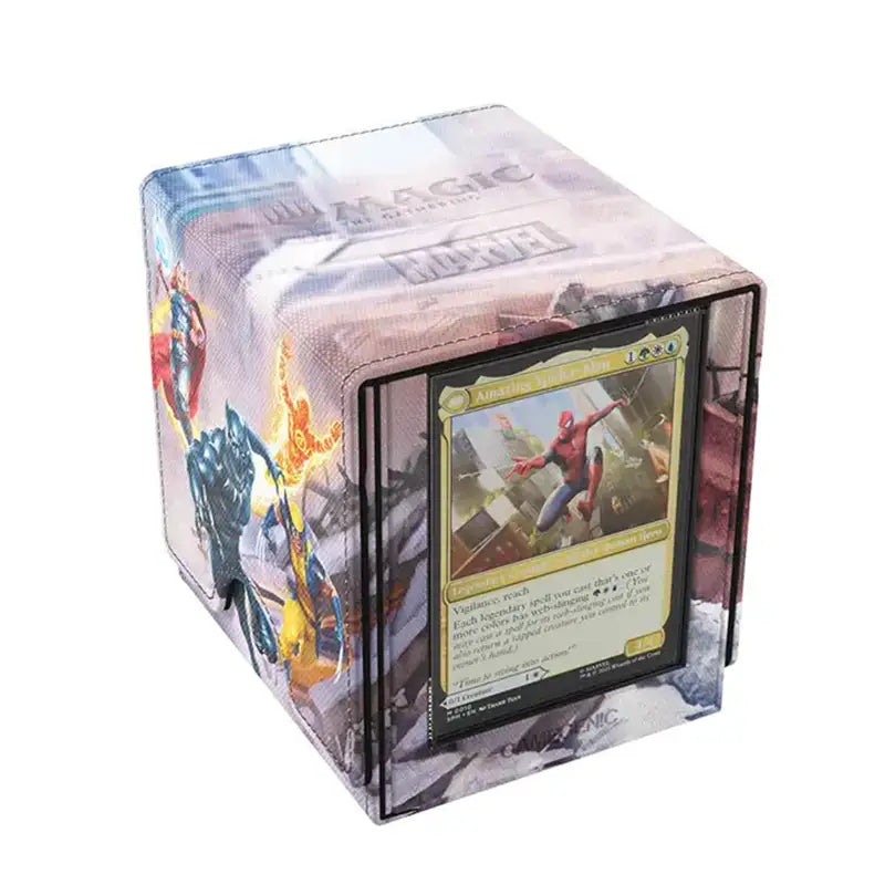 A Magic: The Gathering trading card display box featuring Marvel character artwork on the exterior and a Spider-Man card visible inside a clear front sleeve.