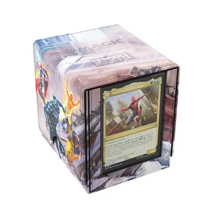 A Magic: The Gathering trading card display box featuring Marvel character artwork on the exterior and a Spider-Man card visible inside a clear front sleeve.