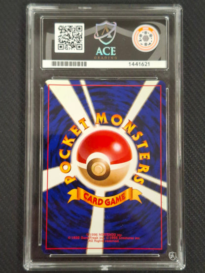 A graded Pokémon TCG card in a clear plastic slab, with the top label showing the ACE grading service logo and a red-and-white Pokémon ball graphic on a blue background.