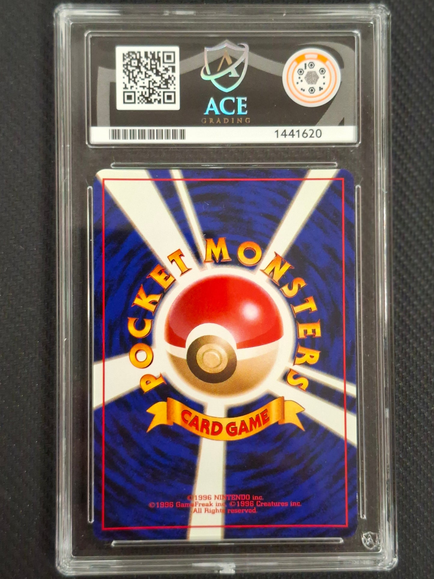 A graded Pokémon Monsters Card Game trading card sealed in a clear plastic grading case, with the Ace Trading Card Company (ACE) label visible at the top.