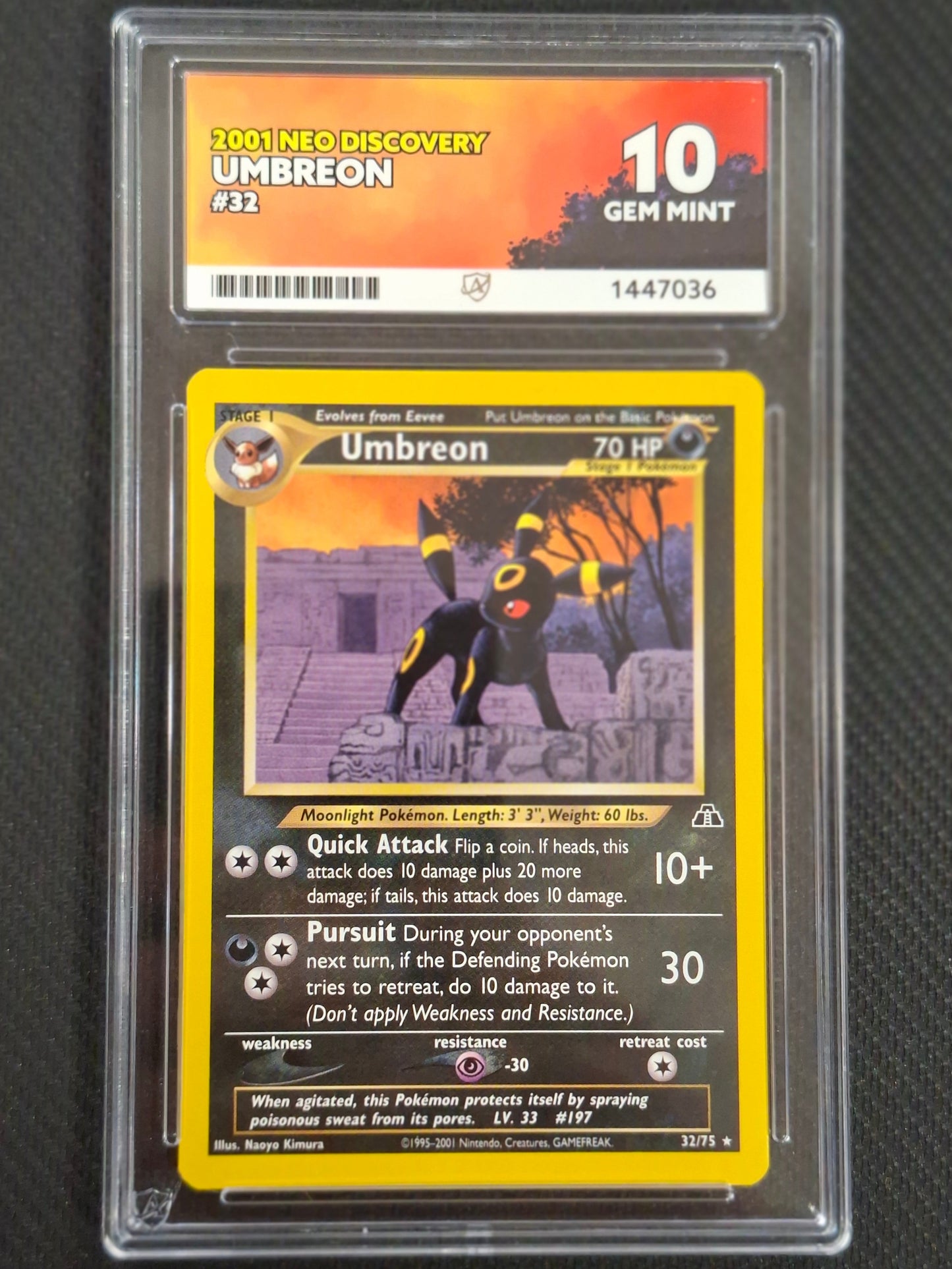 An Ace graded Gem Mint 10 Umbreon Pokémon trading card.