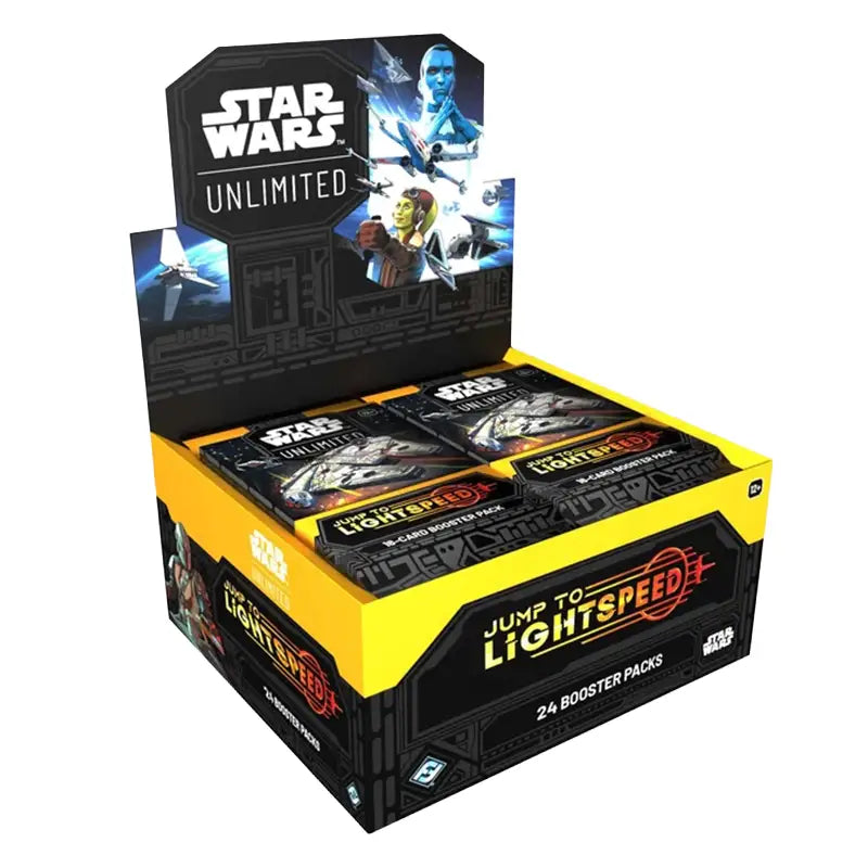 Star Wars Unlimited Jump to Lightspeed Unlimited booster pack display box containing 24 booster packs, featuring black and yellow packaging with Star Wars and Star Citizen branding.