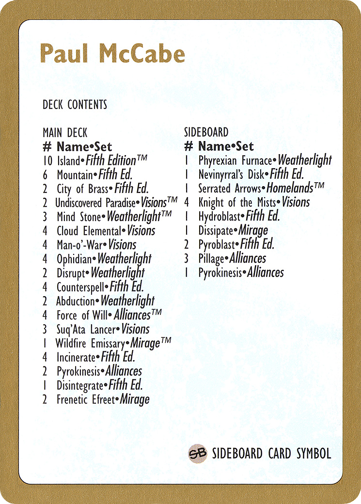 Paul McCabe Decklist (WCD-) - World Championship Decks 1997