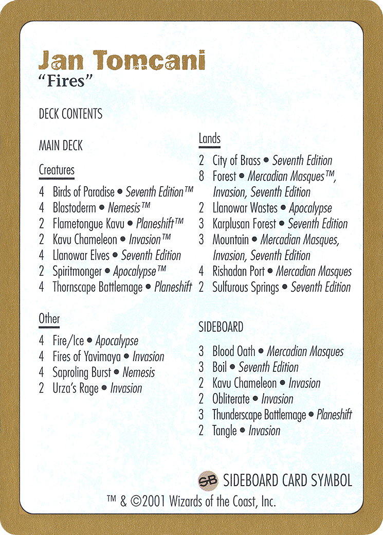 Jan Tomcani Decklist (WCD-JT0B) - World Championship Decks 2001